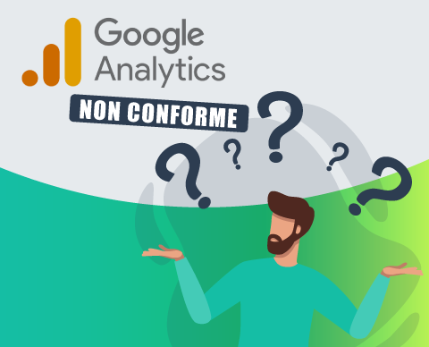 Illustration d'homme se posant des questions avec le logo Google Analytics