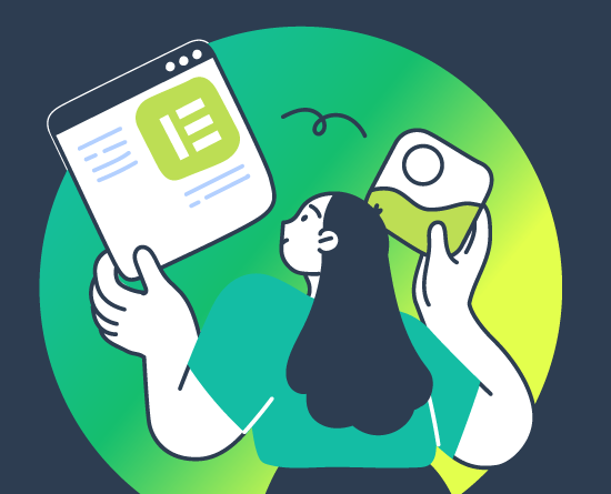 Illustration de femme tenant un écran avec Elementor et un fichier image